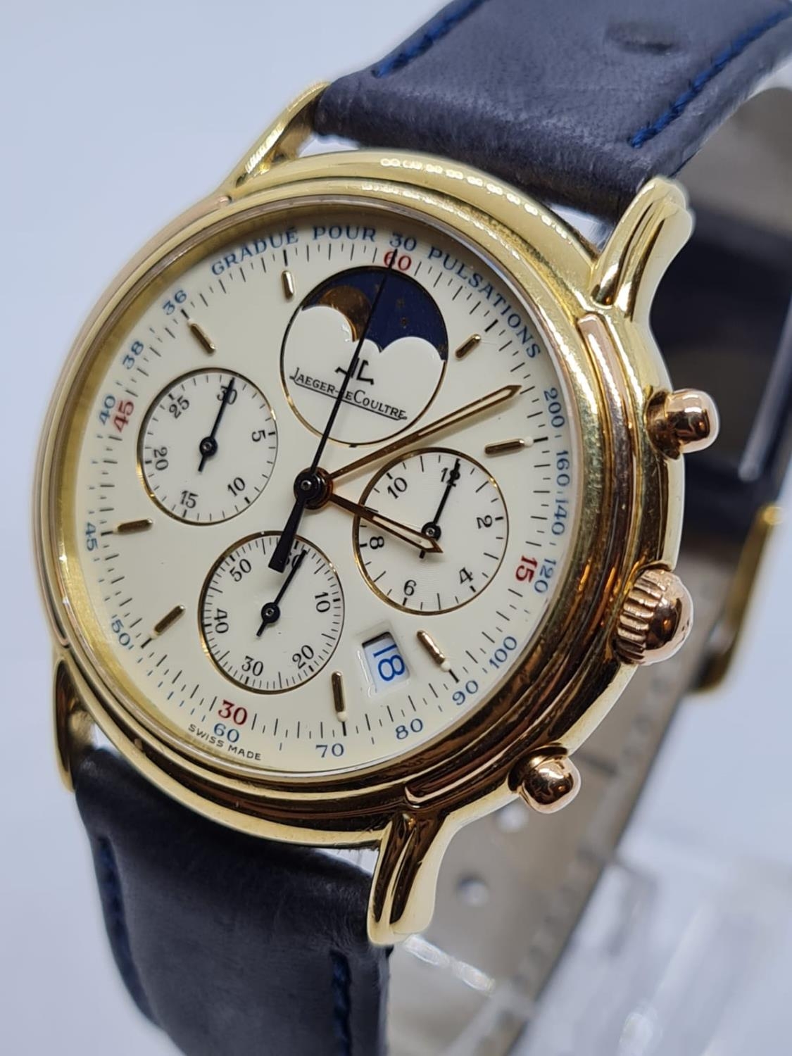 jaegerlecoultre Chronometer WATCH. with gold face and Black leather
