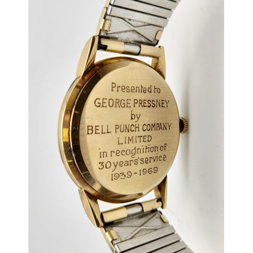 49 - A 1960s Omega 5 Series Gold Watch. Gold plated concertina strap. Gold case - Silver tone dial. Inscr... 