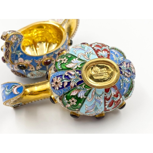 11 - 2 beautifully enamelled Russian kovsh in gilded silver with semi precious stones.173gms total weight... 