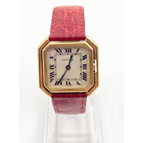 23 - A Vintage Cartier Paris Ceinture Ladies Watch. 18K gold case - 25mm. White dial. Manual wind. Red le... 