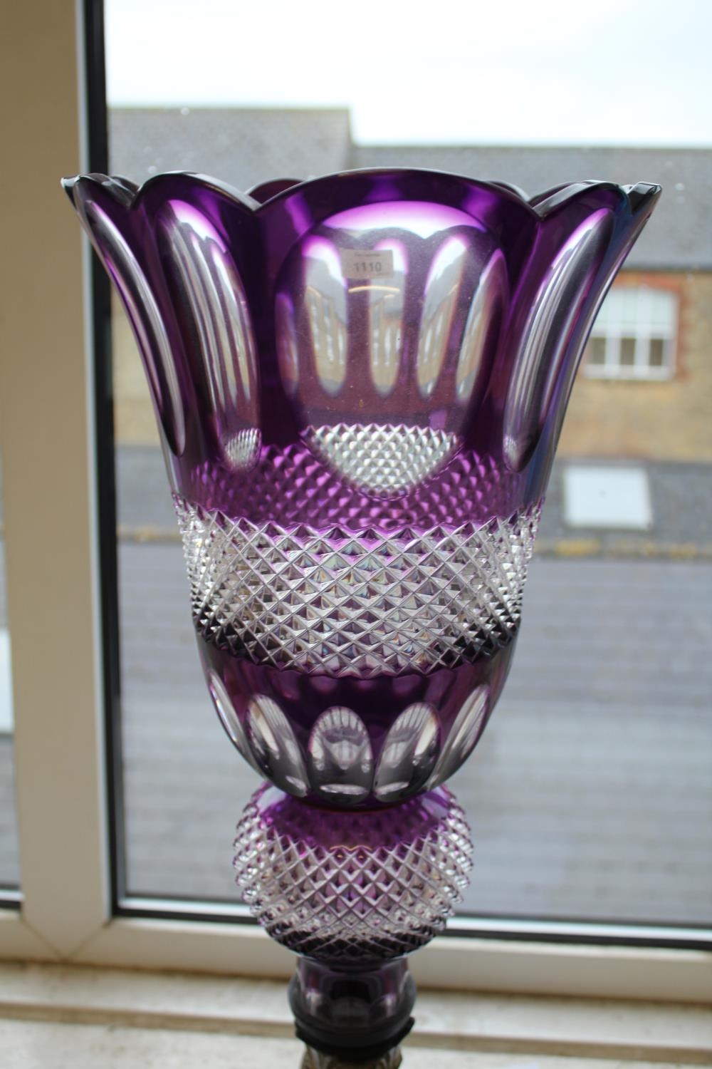 LARGE BOHEMIAN PURPLE GLASS VASE & METAL STAND an unusually large