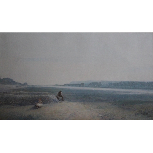 635 - JOHN WHITE (1851-1933) CHILD AND PARENT IN FIELD, SEA BEYOND, BRANSCOMBE Signed, watercolour and bod... 