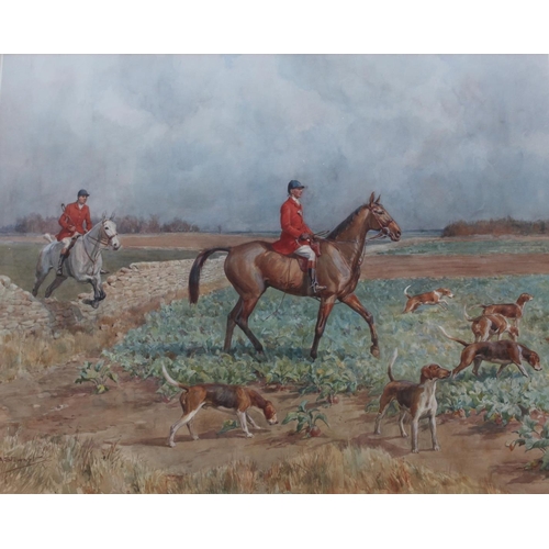 660 - FRANK ALGERNON STEWART (1877-1945) THE BLANKNEY: HUNTSMAN HARRY LAND WITH HOUNDS Signed, watercolour... 