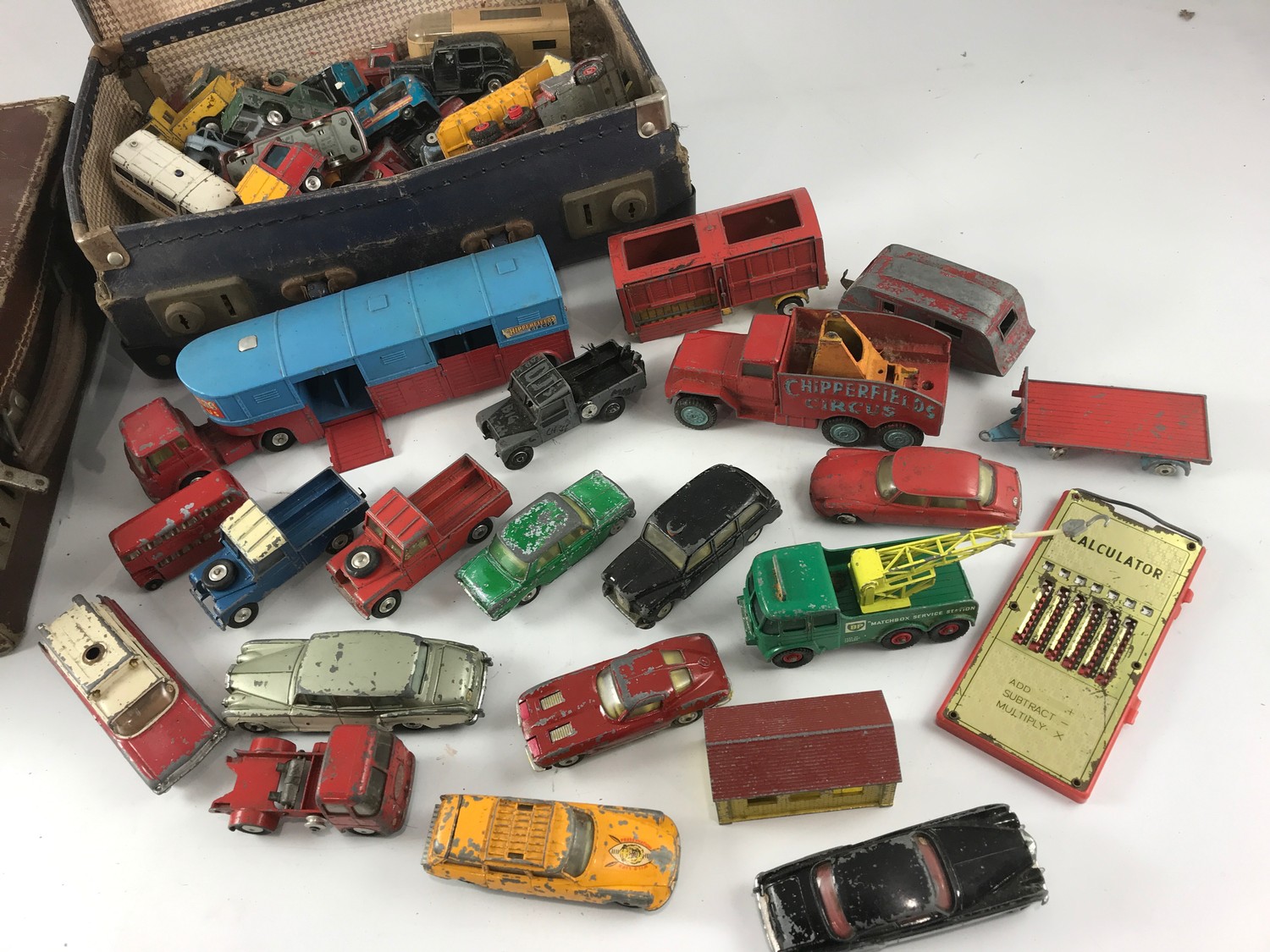 2 CASES OF PLAY WORN DIE CAST TOYS, MAINLY DINKY AND CORGI INCLUDING ...