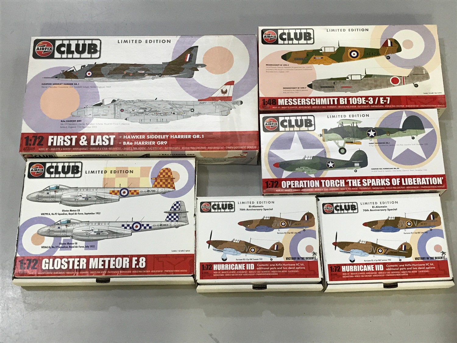 AIRFIX CLUB KITS, A7300H METEOR, A73006 HURRICANE, A73006 SPITFIRE UNOPENED, A82012 2 X ME109, A8201