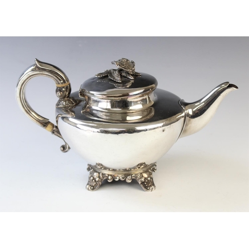 58 - A Victorian silver teapot, John Tapley, London 1844, of compressed ovoid shape, raised on bracket fe... 