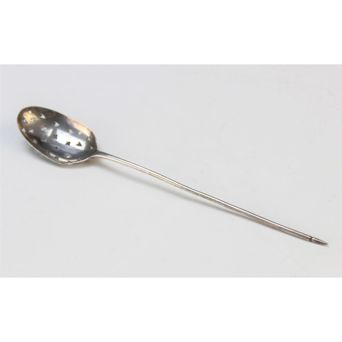 61 - A silver mote spoon, 18th century, of typical form, with heart and trefoil pierced bowl, engraved ve... 