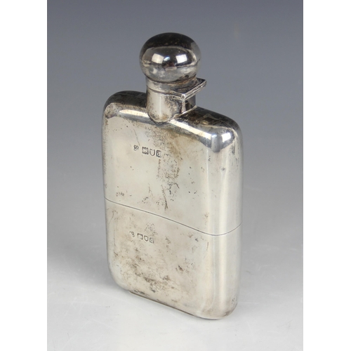 1 - A late Victorian silver hip flask, W & G Neal, London 1899, of curved rectangular form, detachable s... 