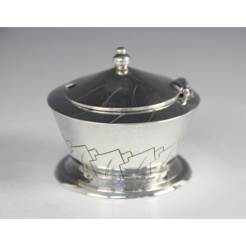 30A - An Art Deco silver wet mustard, Henry George Murphy, Birmingham 1935, of tapering circular form on r... 