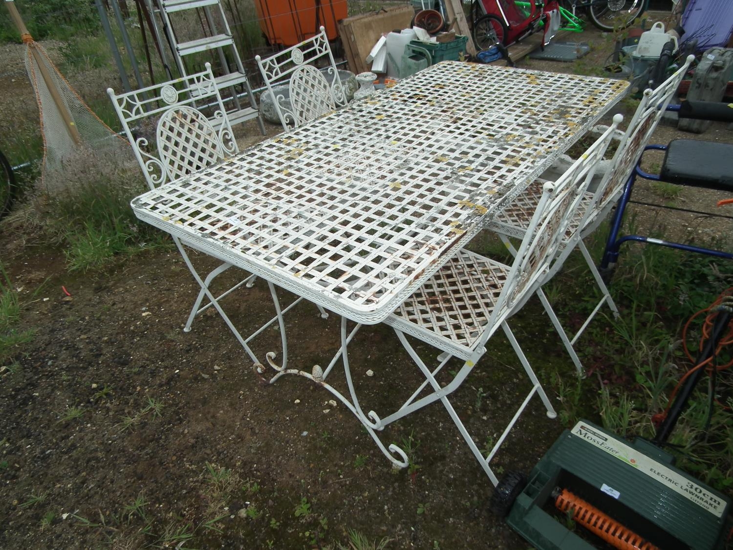 WHITE METAL GARDEN TABLE & 4 FOLDING CHAIRS