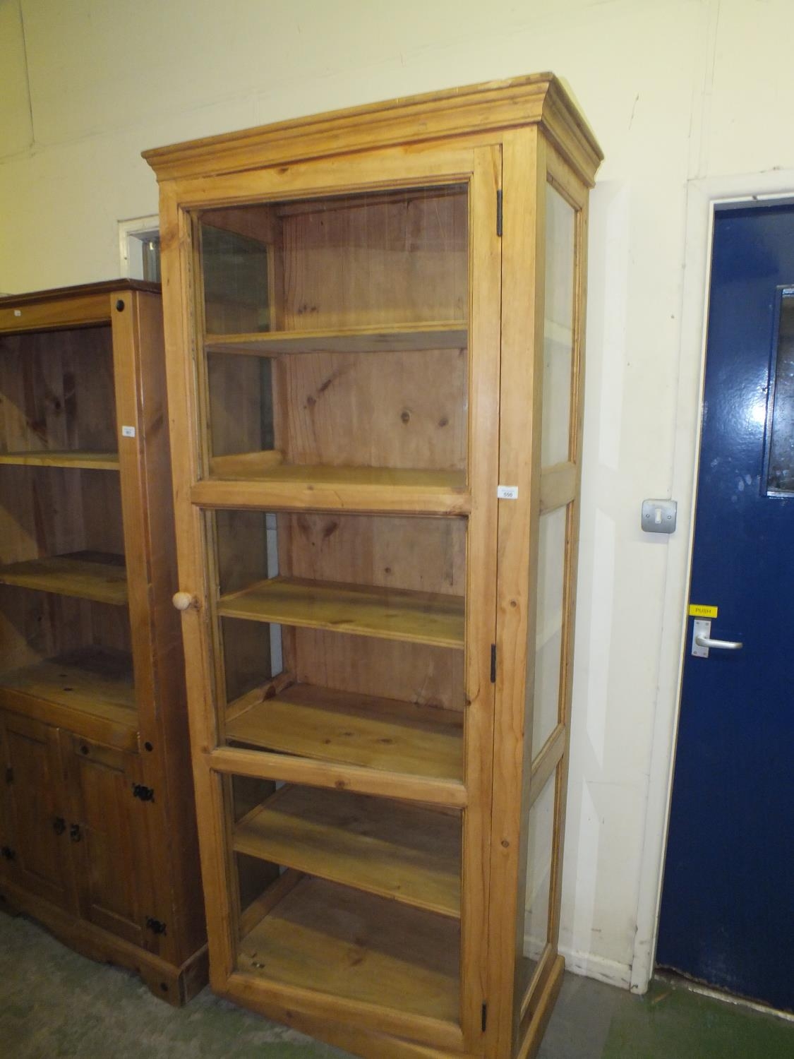 Large Pine Shop Display Cabinet With Glass Doors And Sides Approx