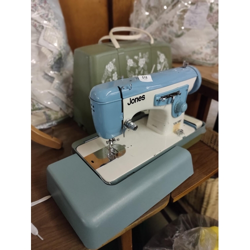 518 - Jones retro blue green vintage sewing machine with case in excellent condition