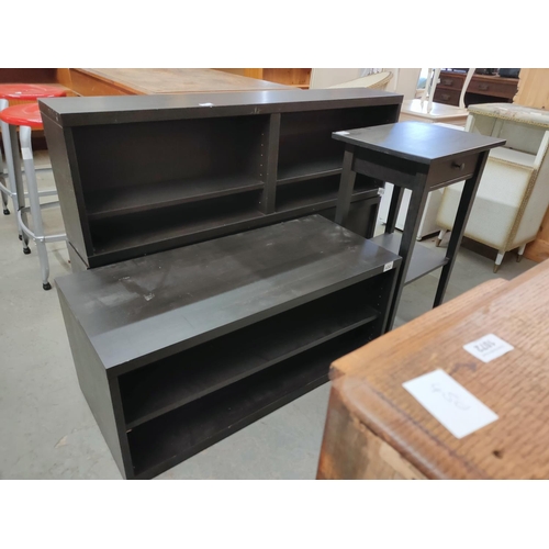 1071 - Modern black shelf unit 120cm x35 cm x 2 bla k coffee table 30cm x 90 cm a d tall table 36cm x 46cm ... 