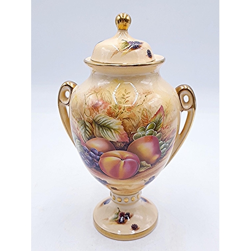 33 - AYNSLEY CHINA 22cm TWIN HANDLED POT IN THE ORCHARD GOLD DESIGN (Chip To Lid)