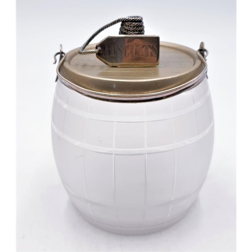 7 - SILVER PLATED VICTORIAN FROSTED GLASS BISCUIT BARREL (Biscuit Label On Top)