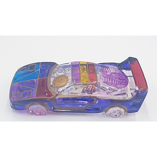 12 - ITALIAN GLASS 11cm x 4.5cm PAPERWEIGHT FASHIONED AS A SPORTS CAR (Hand Painted In Murano,Original La... 