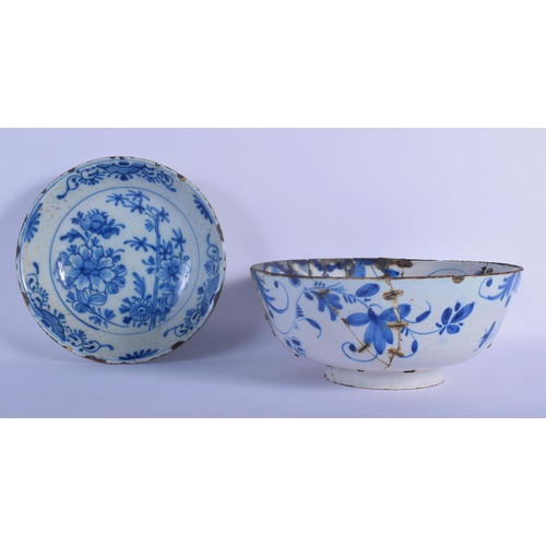 29 - A LARGE 18TH CENTURY DELFT BLUE AND WHITE BOWL together with a similar shallow dish. Largest 22 cm x... 