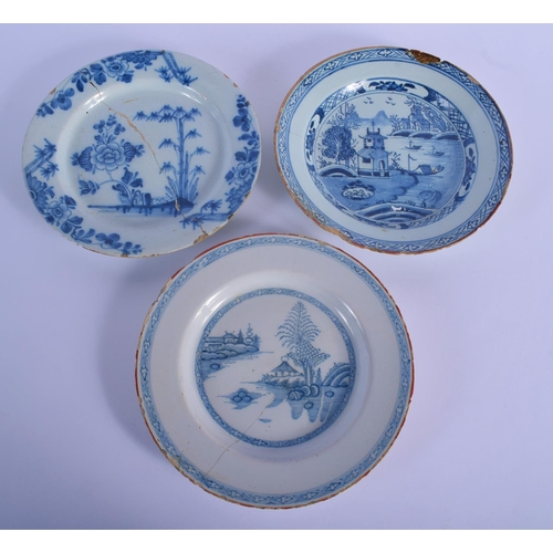 60 - THREE 18TH CENTURY DELFT BLUE AND WHITE TIN GLAZED PLATES in various designs. 20 cm diameter. (3)