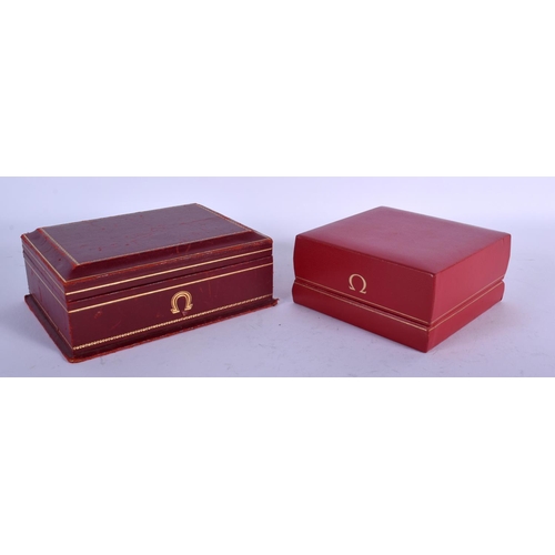 TWO VINTAGE OMEGA WATCH BOXES. Largest 15 cm x 9 cm. (2) Barnebys