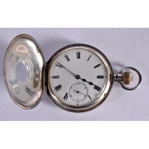 THREE SILVER POCKET WATCHES. A SILVER HUNTER A 935 STAMPED HALF HUNTER