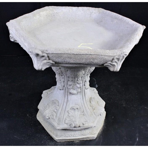 STONEWORK GOTHIC BIRD BATH WITH HEXAGONAL TOP