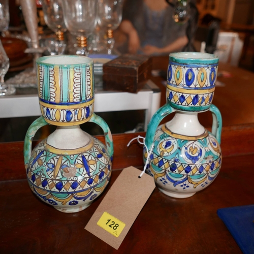 A Pair Of Islamic Pottery Vases With Twin Handles H 23cm