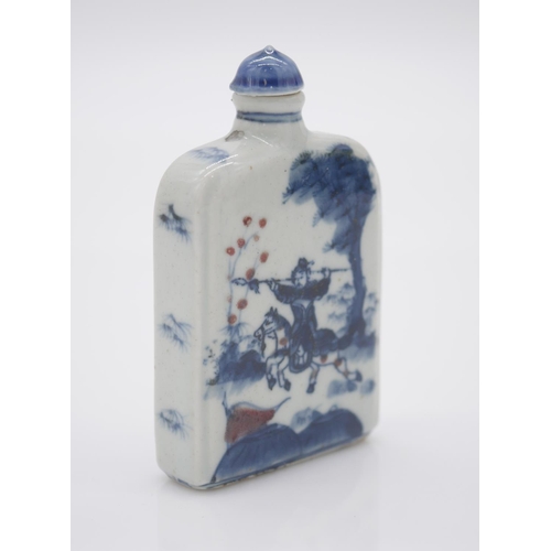 199 - Two Chinese hand painted blue and white porcelain snuff bottles with blue glazed stoppers. One paint... 