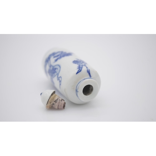 199 - Two Chinese hand painted blue and white porcelain snuff bottles with blue glazed stoppers. One paint... 