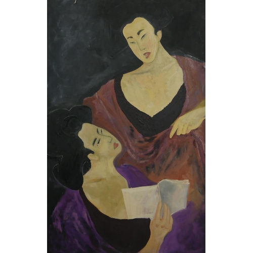 216 - Sally Colman - Oil on Canvas of two Japanese figures. Signed and dated verso. H.123 W.77cm