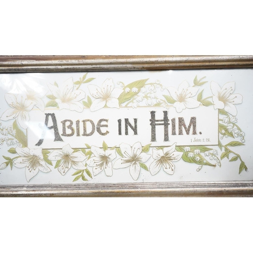 509 - Two framed and glazed antique posters on paper, Abide in Him, embossed paper with lilies and gilded ... 