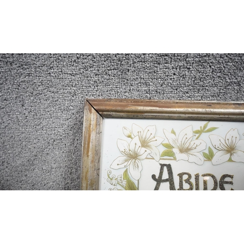 509 - Two framed and glazed antique posters on paper, Abide in Him, embossed paper with lilies and gilded ... 