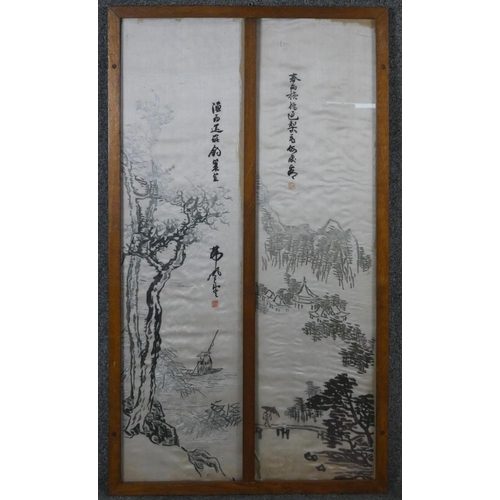 26 - Two pairs of framed and glazed Meji period Japanese silk embroidery panels depicting a mountain land... 