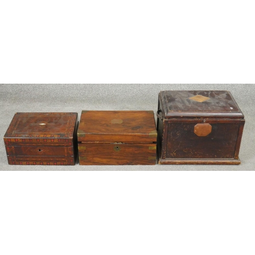 27 - A 19th century Tunbridge inlaid writing slope, a similar walnut and brass bound box along with a sim... 