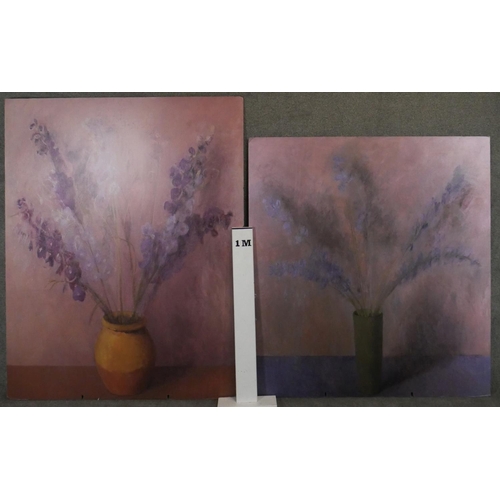 32 - Two very large prints on board of floral still life oil paintings. H.175 W.140cm