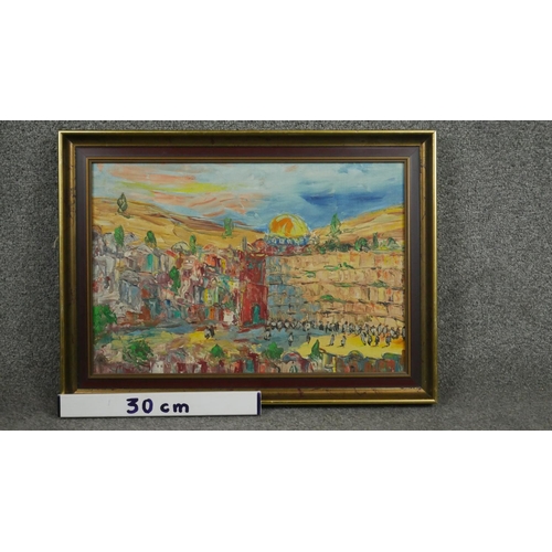 102 - A framed oil on board of a landscape with figures. Unsigned. H.42 W.57cm