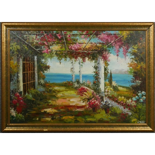 103 - A 20th century framed oil on canvas of a veranda with sea view. Signed W. Petrini, certificate of au... 
