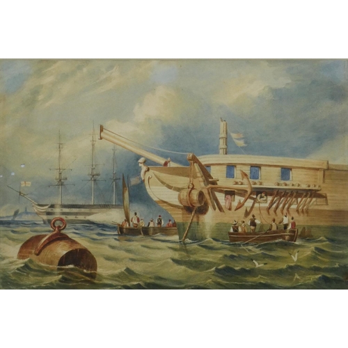 144 - A framed and glazed 19th century watercolour of sailing boats with crew going ashore. Unsigned. H.35... 