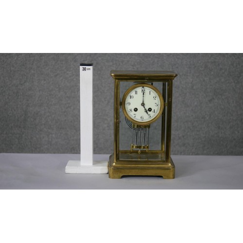 192 - A 19th century French gilt brass and bevelled plate mercury pendulum mantle clock with white enamel ... 