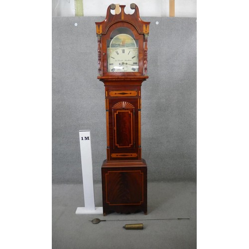 216 - A Georgian figured mahogany and satinwood inlaid longcase clock signed Jas Pratt, Stockton with swan... 
