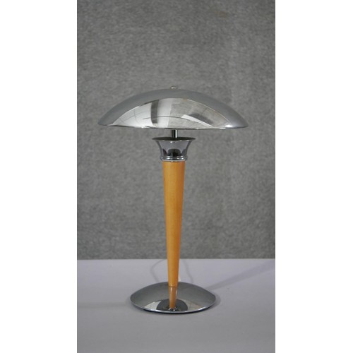 215 - A mid century chrome and lacquered beech UFO design table lamp with chrome domed shade. H.40 Diam.32... 