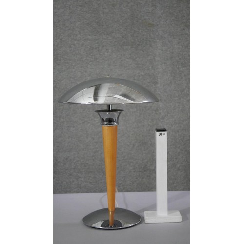 215 - A mid century chrome and lacquered beech UFO design table lamp with chrome domed shade. H.40 Diam.32... 