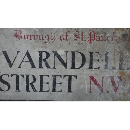 44 - A vintage metal street sign, Varndell Street. Red and black lettering. H.46 W.92 cm