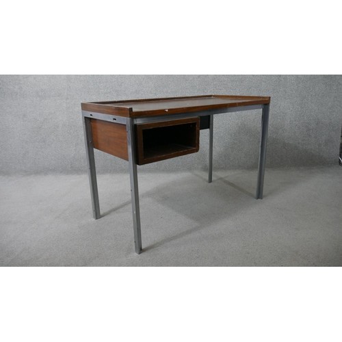 283 - A vintage teak writing table on a metal frame. H.73 W.107 D.53cm