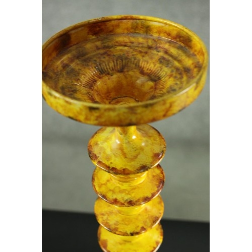 72 - A pair of large early 20th century Turkish Canakkale style yellow and brown speckle glaze candlestic... 