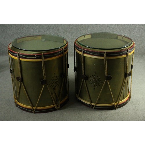 130 - Lamp tables, pair, converted from vintage military drums with brass carcasses. H.66 Dia. 60cm.