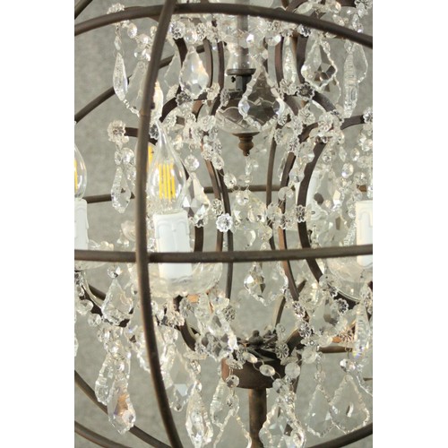 131 - Standard lamp, contemporary wrought metal, six branches with crystal drops. H.176 cm
