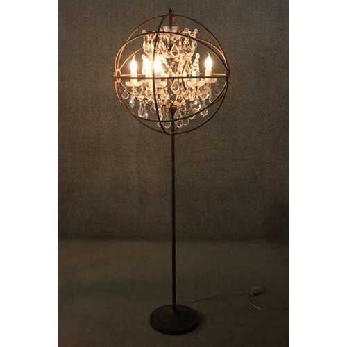 131 - Standard lamp, contemporary wrought metal, six branches with crystal drops. H.176 cm