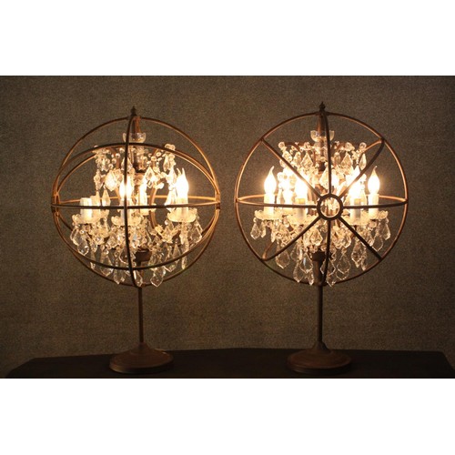382 - Table lamps, pair, metal frames with six branches with crystal drops. H.83cm.