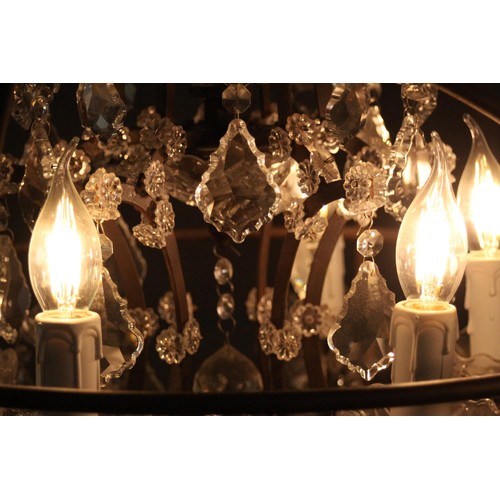 382 - Table lamps, pair, metal frames with six branches with crystal drops. H.83cm.
