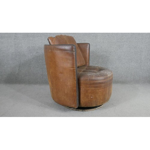 394 - A set of six Art Deco style tub chairs, in brown leather with black leather detail to the arms, curv... 